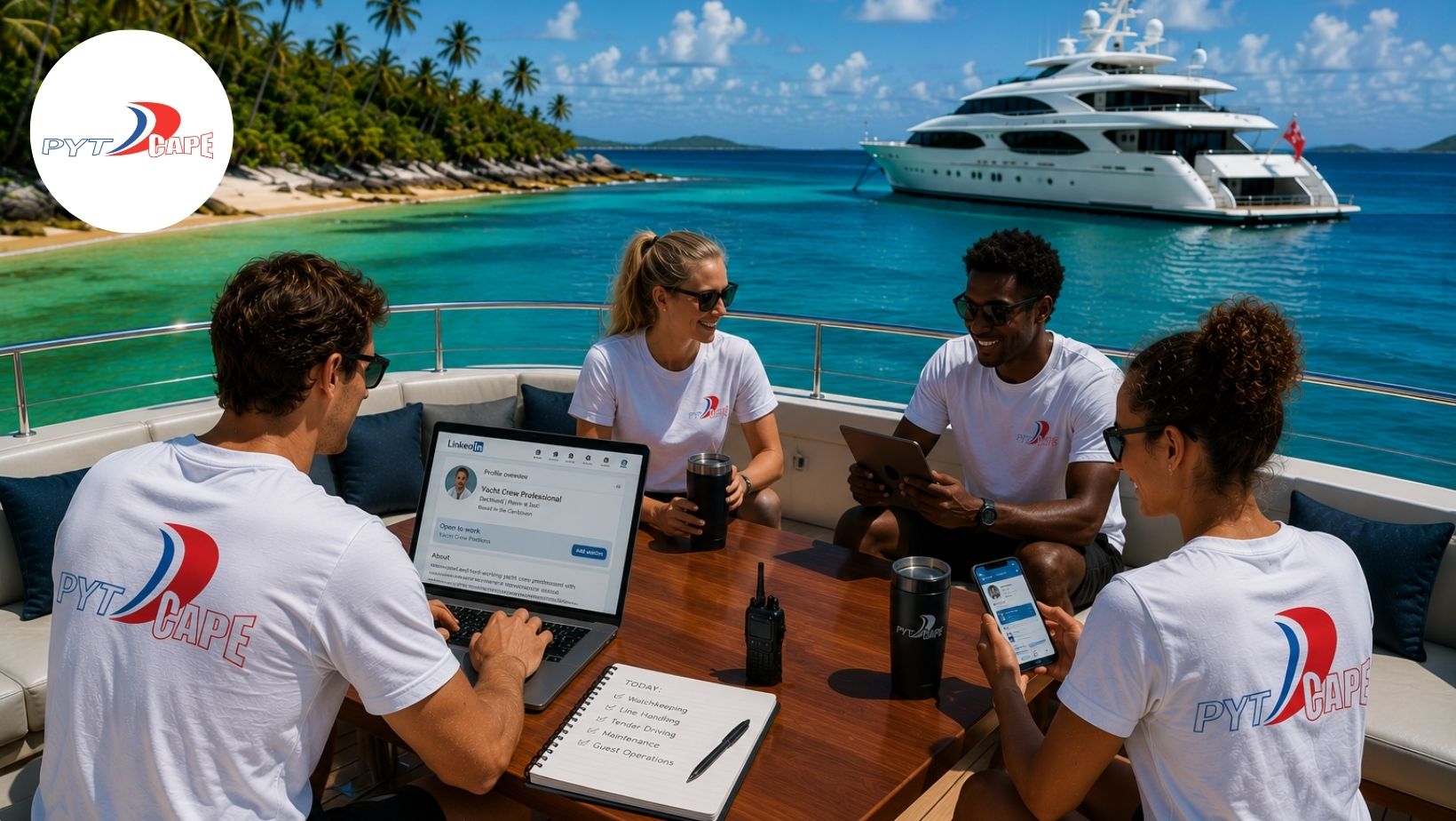yachtees on a yacht in the Caribbean searching for yacht jobs